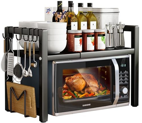 devesanter Erweiterbares Mikrowellen Regal 2-Stufiges Mikrowellenständer mit 5 Haken Küchen-Organizer-Rack Mikrowellen Bäckereiregale für Arbeitsplatte, Ausziehbar von 40-64cm Schwarz