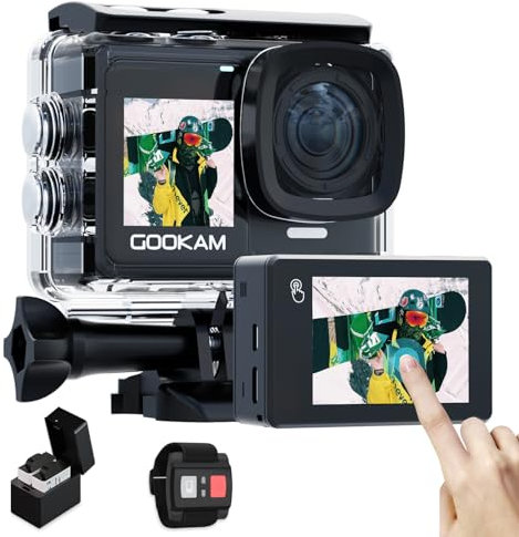 GOOKAM GO7 Action Cam 4K Dual Touchscreen Unterwasserkamera 40M mit 2.4G Fernbedienung EIS Anti-Shake 170° Weitwinkel WiFi tragbar Helmkamera mit Microphone 2 * 1350mAh Akkus