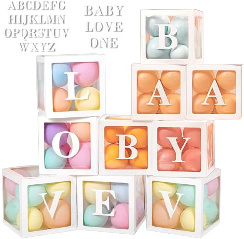 DAJAVE 10 Pcs Balloon Boxes with Letters, Baby Shower Decorations Balloon Boxes White Transparent Balloons Box for Birthday, Party, Gender Reveal Decoration (2 sets of BABY+LOVE+ONE+A-Z, 10pcs Box)