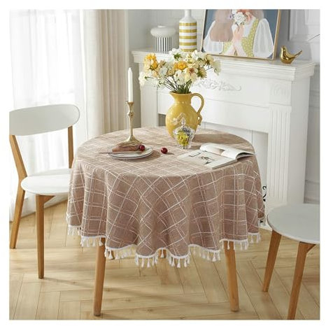 Lieson Tischdecke Rund 280 cm, Polyester Tischtuch Abwaschbar Doppelt Gestreift Kariert Muster mit Fransen Tafeldecke für Couchtisch Home Küche Speisetisch Dekoration, Kaffee