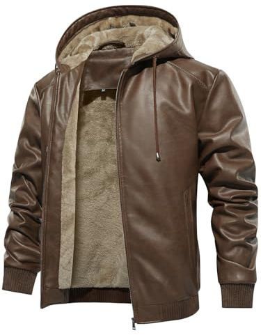 Uusollecy Giacca Pelle Uomo Invernale in Pelle Sintetica con Cappuccio Imbottita Antivento e Chiusura Lampo,Marrone,XL