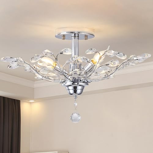 Ganeed Vintage K9 Klare Kristall Kronleuchter Silber 4 Lichter | Deckenbeleuchtung Pendelleuchte Unterputzleuchte für Wohnzimmer Esszimmer Restaurant Veranda Flur