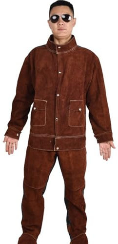 DSQIANG Braune Rindsleder-Schweißer-Kleidung Hochbelastbare, Flammhemmende Schweißerschutzkleidung, Inklusive Jacke Und Hose(XL)