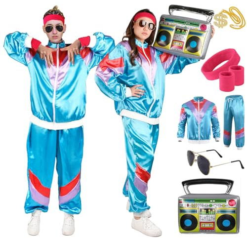 Disfraces Años 80 Mujer Hombre, Disfraz Chándal Años 80 Traje Mal Gusto Disfraz AccesoriosRetro Chándal Neón Jogging Suit Años 80 Chaqueta Pantalón Adulto Carnaval Rockstar Cosplay Fiestas Temática