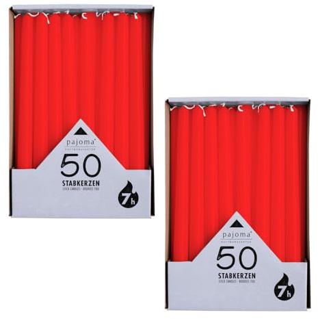 pajoma® Stabkerzen Rot - 100 Stück | Höhe 25 cm, Ø 2 cm | Brenndauer ca. 7 Std. | Vielseitig als Tisch-, Deko-, Weihnachtskerze & für Gastro-Events