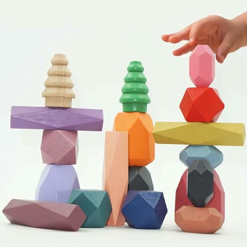 FeiOne 18 Stück Balanciersteine Holz Stapeln Spielzeug, Balanciersteine Montessori Bauklötze Spielzeug, aus Buchen-Holz, Kinder Balance Steine Spiel Blöcke Geeignet für Baby ab 3 4 5 6 7 8 Jahr
