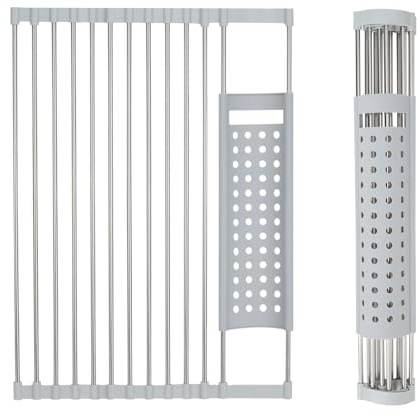 Escurreplatos Plegable y Extraíble, Gris, 43x30cm | Escurridor de Platos sobre el Fregadero, Escurreplatos Enrollable de Acero Inoxidable para Tazas Platos Frutas Verduras