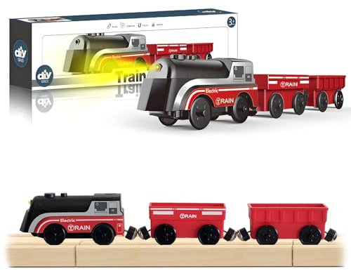 DxxD Trenino Elettrico per Bambini, Locomotiva ad Azione a Batteria con Suono e Luce, Trenino Legno Giocattolo, Treno compatibile con Thomas Brio, Giocattolo Regali per Bambino Ragazze Ragazzi 3+ Anni