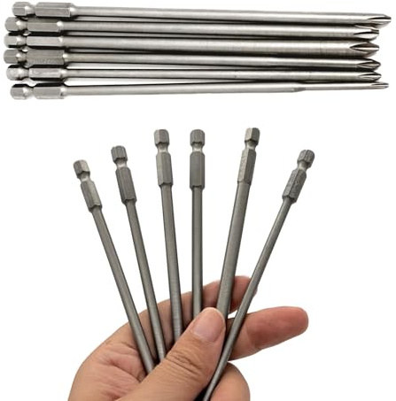 Set di 6 cacciaviti magnetici a croce a punta lunga, Lunghezza 150 mm, Diametro 1/4, in Acciaio S2 di Alta Qualità, Ideale per Cacciaviti Elettrici e Manuali, Trapani e Utensili Pneumatici