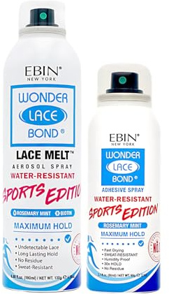EBIN Lace Glue or Adhesive Spray 6.08 oz Bundle with Lace Melt Aerosol Spray 6.08 oz Sports Edition by EBIN NEW YORK – Max Hold – Sweat-Resistant for Seamless Wig Application – Gift Set (2 Items)