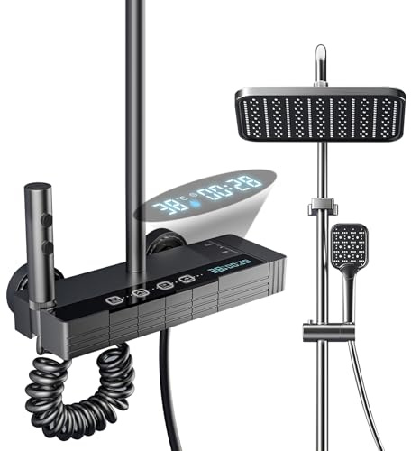 Duschsystem mit Thermostat, Duscharmatur Komplettset mit Quadratische Regendusche Duschkopf, 3 Strahlarten Duschkopf, Regendusche mit Armatur, Duschset (B-mit LED)
