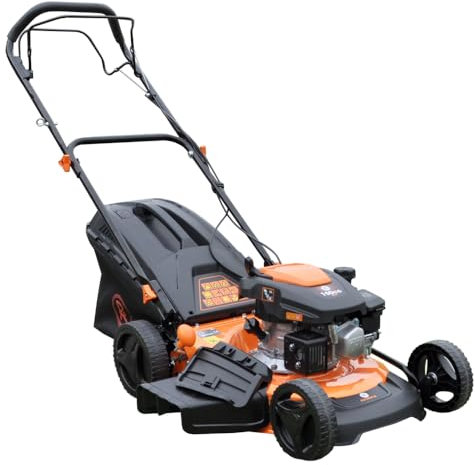 18″ Petrol Mulching Lawnmower RocwooD Self Propelled 46cm 8 positions from 25-75mm Rotary Blade 50L Capacity 150cc Hose Connection Side Chute Recoil Start