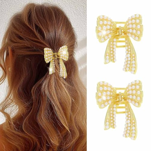 Unicra Gold Haarspange Metall Bogen Klaue Clips Perle Fancy Haarschmuck für Frauen und Mädchen (2er Pack)