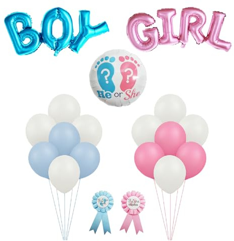 ZENZERO® - SET PALLONCINI per FESTA IT'S BOY OR GIRL - Gender Reveal Party - Baby Shower Decorazione (1 Set Boy or Girl + Coccarde Futura Mamma e Futuro Papà)
