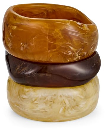 ENSKEFEN 3PCS Acrylic Resin Bangle Bracelet Set for Women Chunky Wide Beige Brown Geometric Irregular Acrylic Bracelets Vintage Statement Resin Bangles