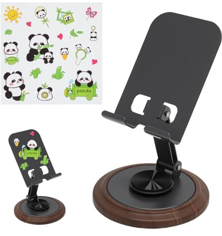 360° Handyständer mit Panda-Aufkleber, Tablet Ständer Kann Bis zu 5 kg, Höhenverstellbar Tablet Halterung Tisch, Handyhalterung Tisch mit Holzmaserung-Basis, Tabletständer für Alle Smartphones,Tablets