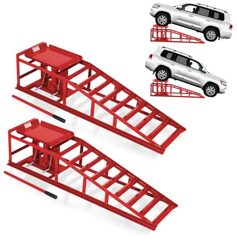 GarveeTech Hydraulic Car Ramps 2-Pack, 11000 LBS Low Profile Portable Car Lift Ramp for Oil Change & Garage Repair, Heavy Duty Steel Ramps for Trucks/Low Cars (Red) (red, 5 T)