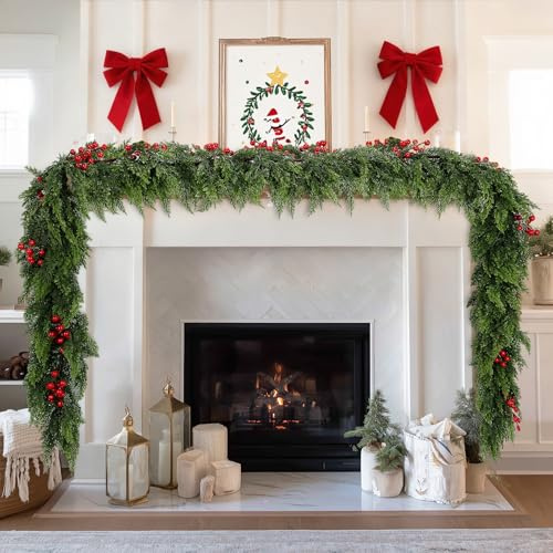 Homiton 9ft Christmas Cedar Garland, Real Touch Pine Cypress Garland with Red Berries, Artificial Greenery Garlands for Mantle Fireplace Table Outdoor Indoor Christmas Decoration (9 FT)