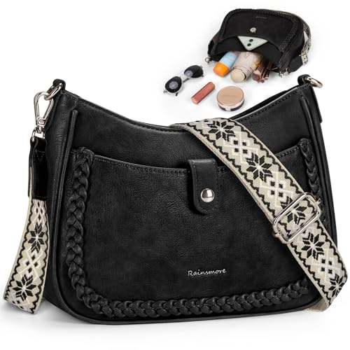 RAINSMORE Sac Bandoulière Femme Cuir PU, Sac a Main Bandouliere Femme avec Large Sangle Réglable et Amovible et Multiples Poches pour Travail Voyages Noir