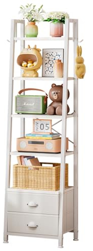 Wooruy Standregal Leiterregal 5 Ebenen, 2 Schubladen, schmal, Weiß | Platzsparend mit offenen Ablagen und 2 Schubladen, ideal für Bücher im Wohnzimmer, Büro und Schlafzimmer