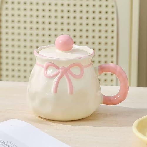 VollfitYYu Kaffeetasse mit Deckel Cute Schleife Kaffeebecher Frühstückstasse Keramik Milchtasse mit Henkel für Valentinstag Muttertag Geburtstag Jubiläum Weihnachten Neujahr (Rosa)