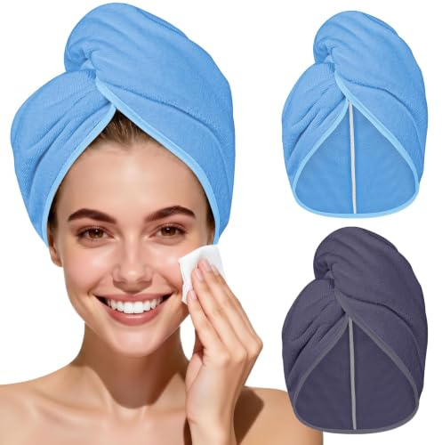 HOTUT 2-pack mikrofiber hår handduk wrap, tvinnad turban snabbtorkande hårkepsar, superabsorberande, snabb, knappar badögla fäst salong torrt hår hatt, anti-friss, för kvinnor lockigt lång