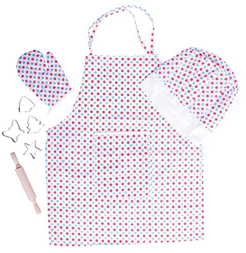 Bigjigs Toys Children's Polka Dot Chef Set, Apron, Hat, Pastry Cutters