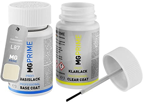 MG PRIME Autolack Lackstift für Volkswagen VW L87 / T4 13 Perlweiss +1K | Pearl White, Set aus Basislack + Klarlack, Lackfläschchen mit Pinsel, je 50ml