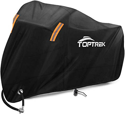 TOPTREK Motorrad Abdeckplane Outdoor Winterfest Wasserdicht Motorradgarage 210T Oxford Stoff – XXL Motorradabdeckung für Harley-Davidson, Honda, Suzuki, Kawasaki (245 * 105 * 125 cm)