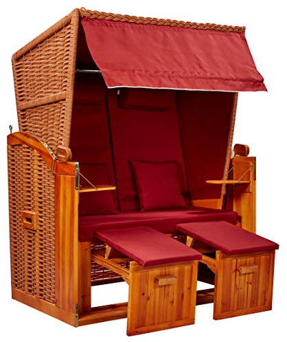 intergrill Strandschönheiten Sophia Ostsee Strandkorb | 2-Sitzer Vollholzfront inkl. Schutzhülle | Beige Burgund | Balkon Terrasse Wintergarten Garten