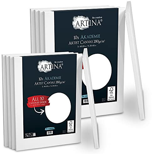 Artina FSC® Keilrahmen 10er Set Akademie 5x 40x50 cm & 5x 30x40 cm – Leinwand Set Maltuch aus 100% Baumwolle Leinwände 280 g/m² - Keilrahmenset Leinwand zum Bemalen für Acryl-, Aquarell-, Ölfarbe uvm