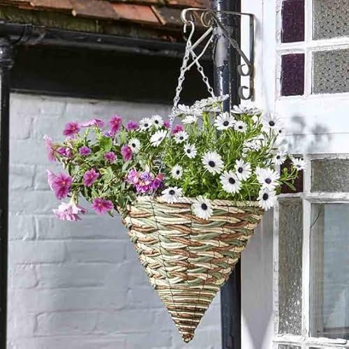 Garden Mile Garden Hanging Flower Basket 14'' Cone Rattan Effect Plant Holder Outdoor Plant Pot Planter with Hanging Chain Wicker Flower Pot Basket Pre-Lined for Easy Planting