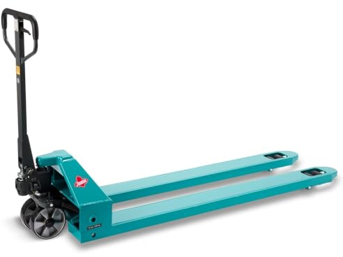 Ameise Hubwagen PTM lang | 3.500kg Tragkraft | 2.000mm Gabellänge | Lenkrad/Gabelrolle aus robustem Polyurethan | Tandem-Gabelrollen | Palettenhubwagen Türkisblau