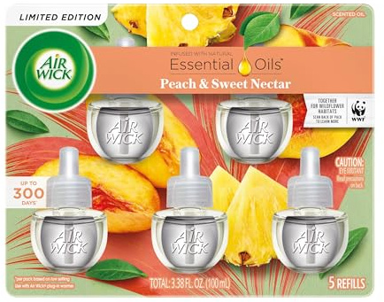 Air Wick Plug in Scented Oil Refill, 5 Ct, Fresh Peach and Sweet Nectar, Air Freshener, Essential Oils, Spring Collection