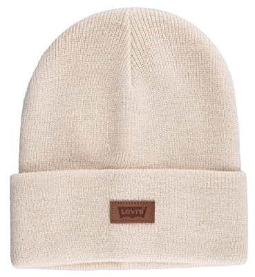 Levi's Unisex Adult All Season Comfy Leather Logo Patch Cuffed Hero Beanie Hat, Cream Solid