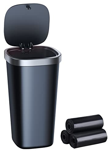 xuenair Mini Car Trash Can with Lid, Cup Holder Trash Can for Car With 3 Rolls of Bags, Waterproof Small Car Garbage Can for Cars Home Office Bedrooms - Black Square