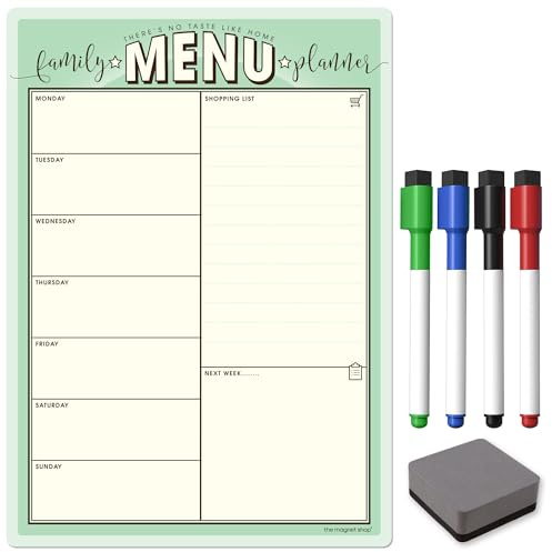 TMS Weekly Family Menu Planner A4 | Dry Erase Meal Planner, Whiteboard and Shopping List for Your Home, Kitchen, Fridge | with 4 Dry Wipe Pens and Eraser (Pistachio, A4)