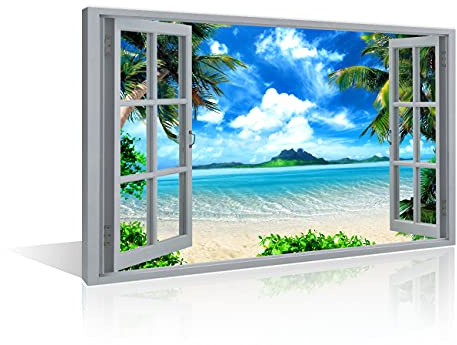 TISHIRON 3D Window Beach View Effect Canvas Wall Art For Home Modern Decor | Framed print arrives ready to display, helping buyers update blank walls with less measuring, extra framing, or setup work.
