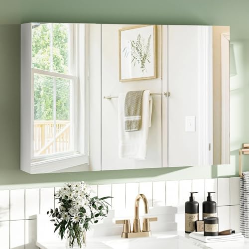 BELIWIN Wall-Mounted Mirror Cabinet White, 3-Door Mirrored Storage Cupboard, Adjustable Height Shelves Storage Unit (90 x 60 x 15 cm)