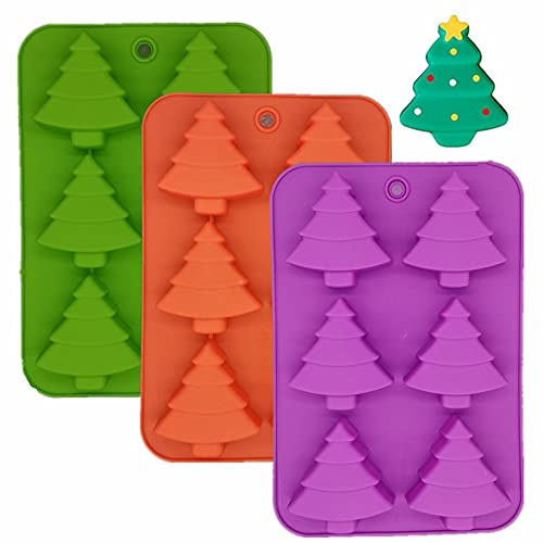 Accfore Lot de 3 moules en silicone en forme d'arbre de Noël, 6 cavités pour bonbons, plateaux de cuisson pour gâteaux de fête, bonbons, gommes, chocolats, gelée, savon, glaçons, biscuits