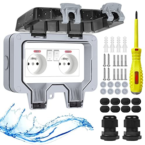 Enchufe exterior impermeable IP66 con interruptor, luz de control, resistente a la intemperie, enchufe exterior para exteriores, enchufe de pared para jardín, enchufe de pared con tapa plegable con