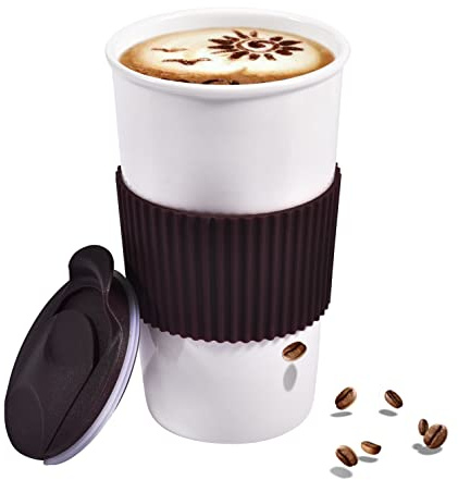 Keramik-Reisebecher, doppelwandig, isoliert, zum Mitnehmen, 340 ml, Kaffeetasse für heiße und kalte Getränke, wiederverwendbarer weißer Kaffeebecher, spritzwassergeschützter Deckel und schützende