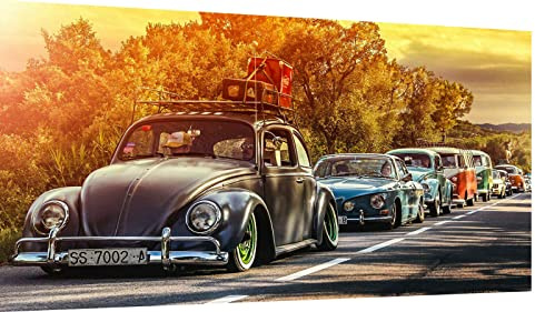 Magic Canvas Art - Bilder Oldtimer Autos Classic Käfer VW BUS Leinwandbild 1- teilig Hochwertiger Kunstdruck modern Wandbilder Wanddekoration Design Wand Bild, Größe: 120 x 80 cm
