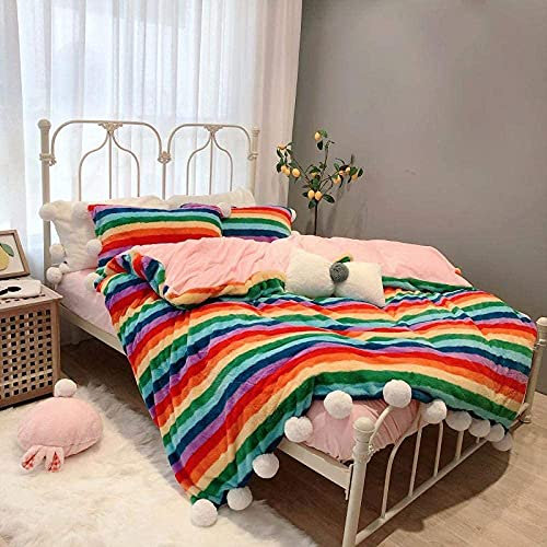 VIROYA Ensembles de Couette Superking, Nouveau Rose Gris Blanc Sept Arc-en-Ciel Hiver Chaud Flanelle Velours Polaire Princesse Fille Ensemble de literie Housse de Couette Drap de lit taies