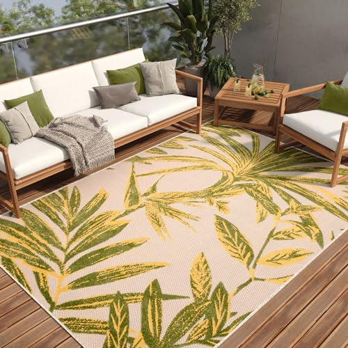 TAPISO Patio Teppich Flachgewebe Indoor Outdoor Creme Grün Gelb Blätter Robust Sisaloptik Wetterfest Wohnzimmer Terrasse Balkon ÖKO-TEX 200 x 300 cm | strapazierfähiger Teppich UV-beständig Flachgewebe Sisaloptik Robust Wetterfest Terrasse Wintergarten Balkon OEKO-TEX