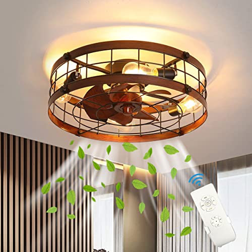 Retro Fan Deckenleuchte Leise Deckenventilator Mit Beleuchtung und Fernbedienung E27 Industrial Ventilator Deckenlampe Vintage Eisenkäfig Pendelleuchte Wohnzimmer Schlafzimmer Esszimmer Lüfter Lampe
