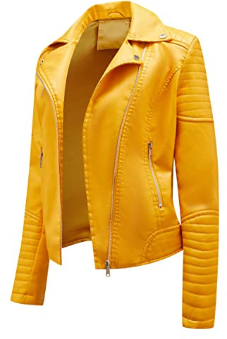 Ecopelle Donna Giubbotto Similpelle Giacca Biker Jacket Finta Pelle Sintetica Primavera Giallo Donna