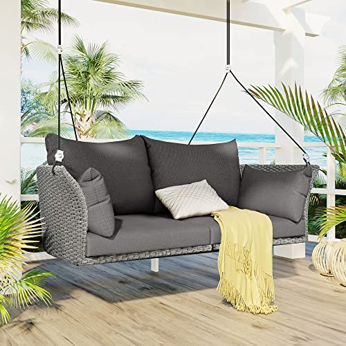 Outdoor 51.9'' Porch Swing Loveseat, Rattan Patio Furniture Swing Chair with Adjustable Ropes and Half Round Base, Porch Swing Bench for 2-Person Hanging Seat (Gray Wicker + Light Gray Cushion)