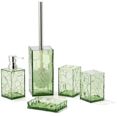 Set di accessori da bagno in acrilico trasparente, antiruggine, design trasparente, include dispenser di sapone, portaspazzolino, tazza, portasapone e scopino per WC, 5 pezzi (verde saga)