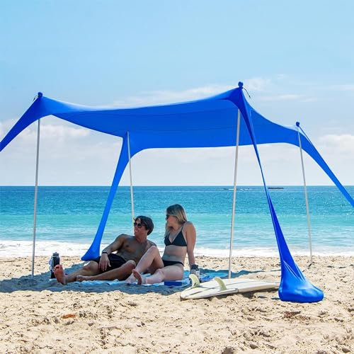 AMMSUN Beach Tent Portable Sun Shelter,9X 9ft Beach Canopy Easy Setup, Beach Shade Sun Shelter UPF50+ Protection 4 SandBags 4 Aluminum Poles with Sand Shovel for Family Beach Camping Outdoor Navy Blue